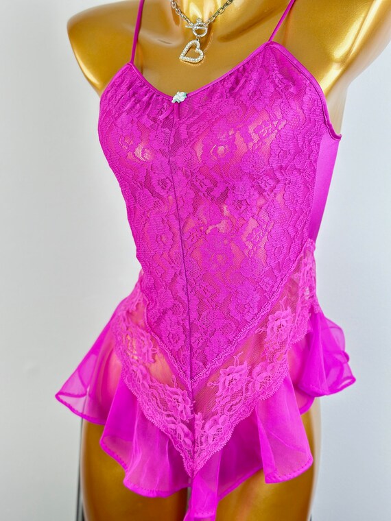 Vintage 80s teddy lingerie lacy Pink frilly sheer… - image 9