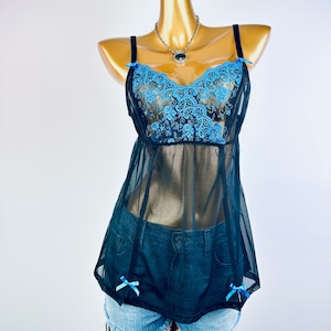 Vintage 90s goth babydoll lingerie top sheer see through embroidered