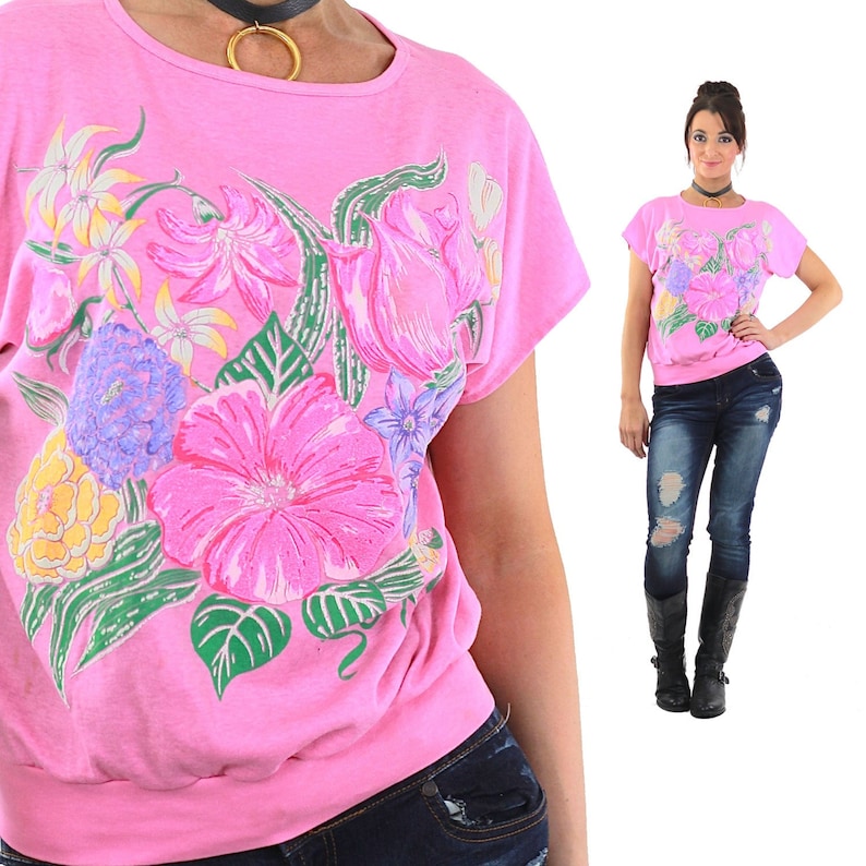 Camiseta floral Camiseta grunge floral Camiseta rosa holgada de manga corta Camiseta vintage retro de los años 80 Talla grande imagen 2