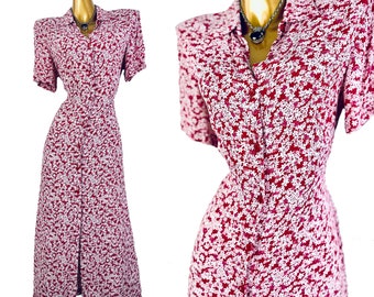 90s cottagecore dress prairie floral print short sleeve button down casual midi sundress scoop neck M Medium