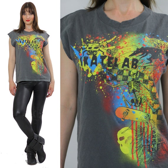 Vintage graphic T shirt skateboard tee shirt neon… - image 1