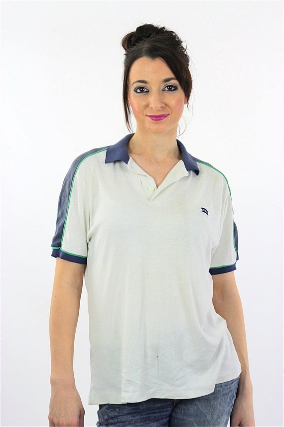 Polo shirt white oversized slouchy shirt navy blu… - image 2