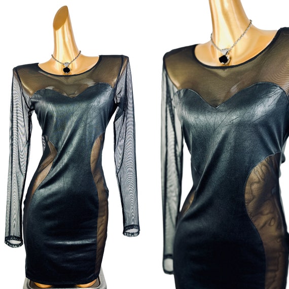 y2k grunge goth dress black see through mesh faux 