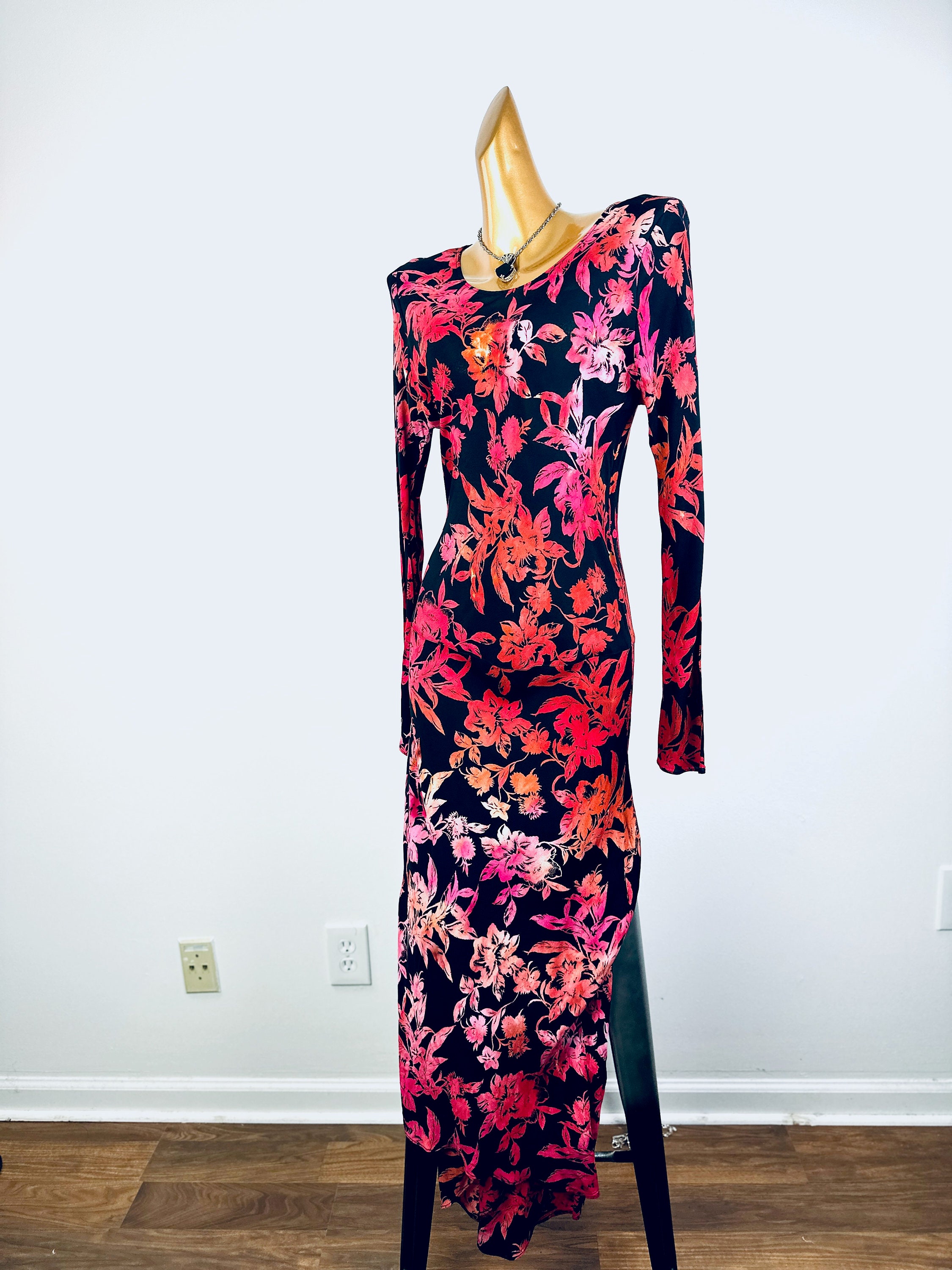 90s Floral Midi Dress Casual Grunge Long Sleeve Bohemian Dark Floral Print  Dress