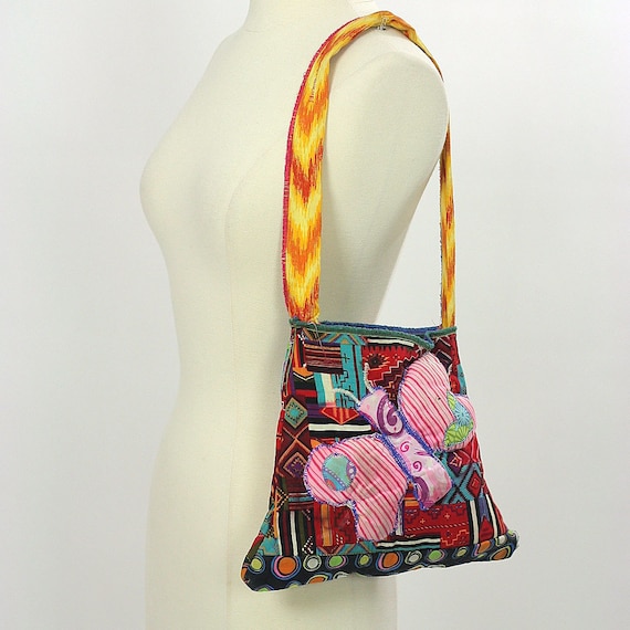Vintage 70s Quilted bag Hand quilted Butterfly bag Boho bag Hippie fabric bag Signed bag Butterfly quilted handbag Handmade Applique bag