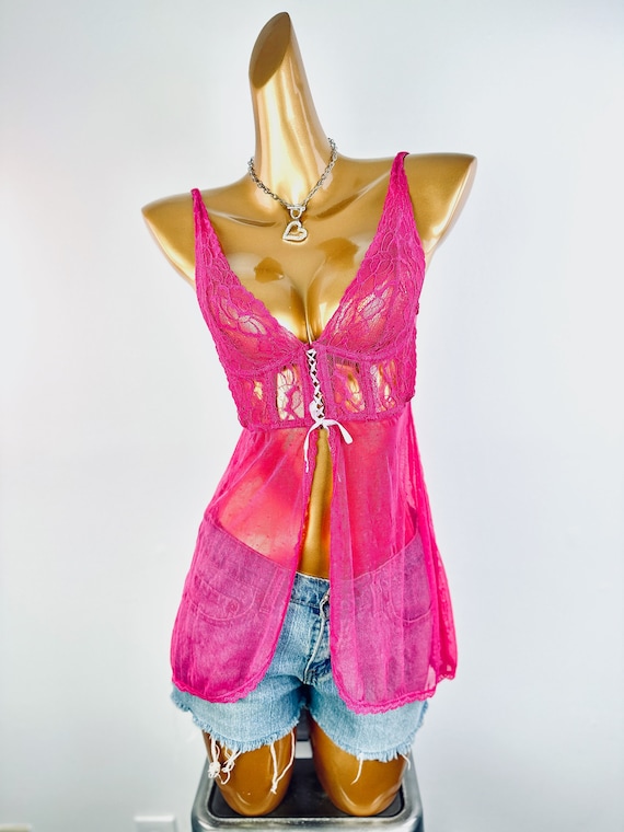 Vintage y2k grunge fairy babydoll lingerie top pink lace camisole see through shirt size small