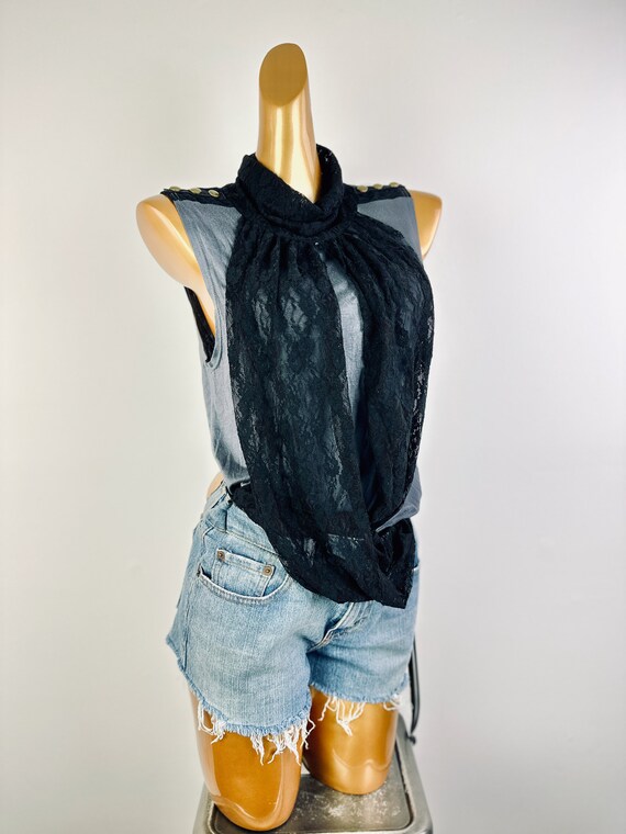 90s sheer lace top sleeveless blouse draped black… - image 6