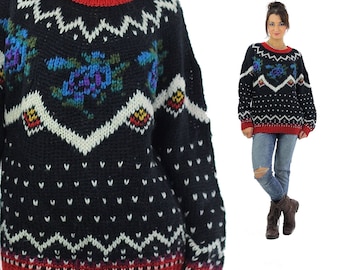 Ski Sweater for women Vintage 80s 90s Nordic Pullover Large