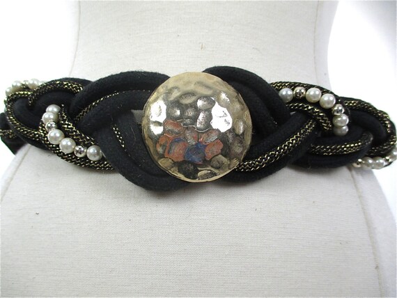 80s Black gold woven braided waist metallic belt - image 1