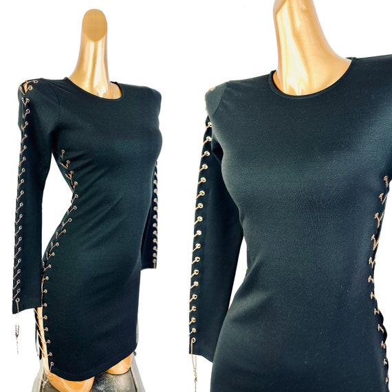 90s black cocktail dress corset laceup mini forma… - image 1