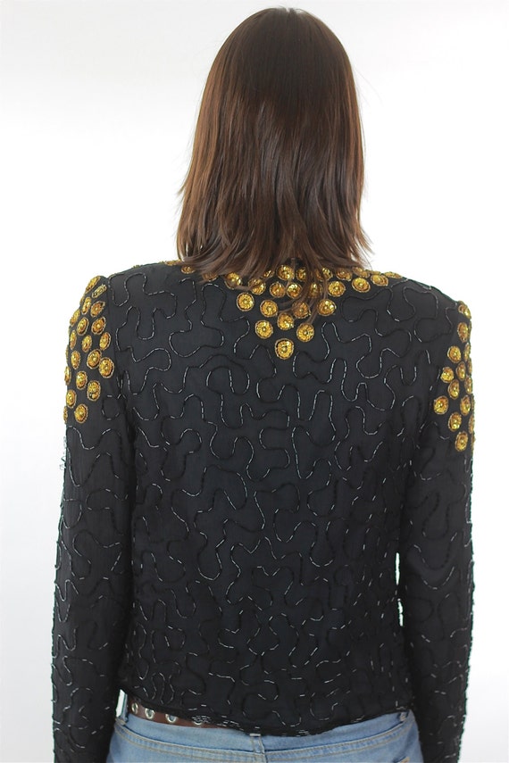 80’s Black Silk Sequin Beaded Evening Jacket by Jean For Joseph Lebon