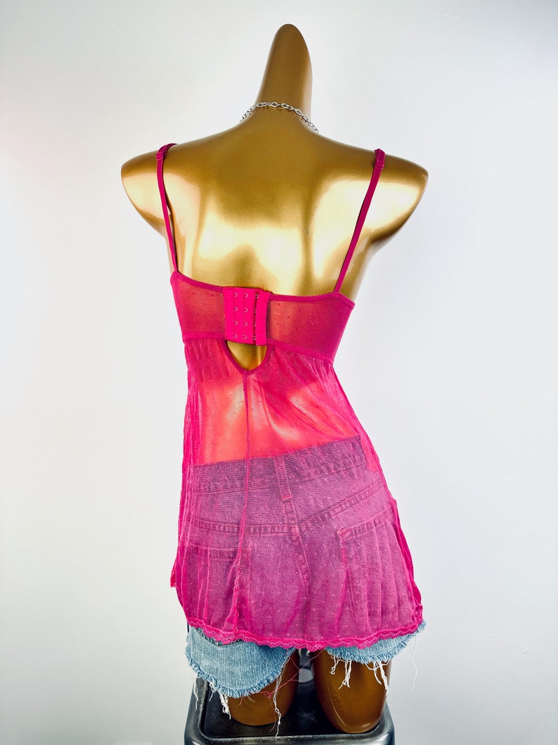 Vintage y2k grunge wróżka babydoll bielizna top różowa koronka koszulka na ramiączkach przezroczysta koszulka rozmiar mały zdjęcie 7