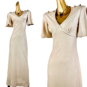 Vintage 70s boho grecian goddess party cocktail dress deep V plunging angel sleeve dress