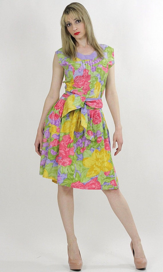 Vintage 80s neon floral cocktail party dress trop… - image 2