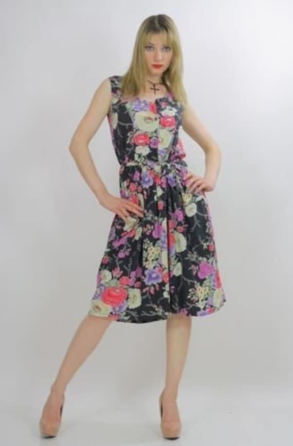 Vintage 80s Bold Rose Floral Boho Prairie Garden Party Mini Dress 