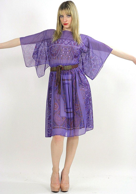 Vintage 70s Boho hippie sheer purple angel sleeve dr… - Gem