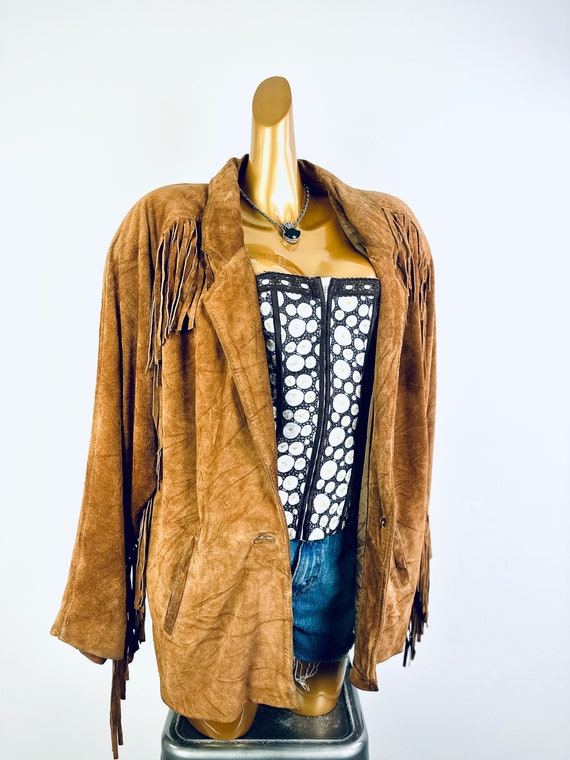 Vintage fringe leather jacket mens women brown su… - image 7