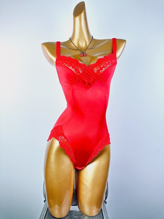 Vintage olga lingerie Teddy Bodysuit Red Size Sma… - image 3