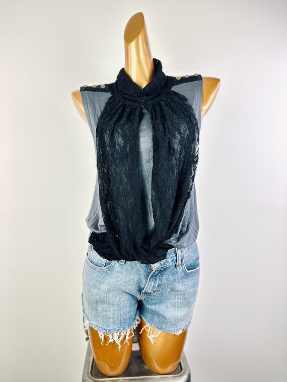 90s sheer lace top sleeveless blouse draped black… - image 2