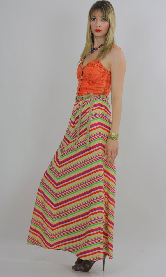 Vintage 60s Boho Hippie Chevron neon maxi skirt - image 2
