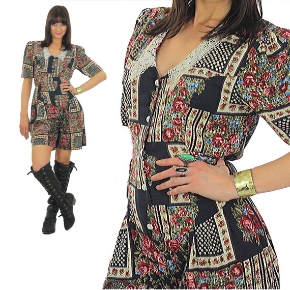 Vintage 90s Grunge patchwork floral bohemian rompe