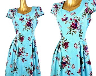 Vestido estilo cottagecore de los años 90, estilo babydoll con estampado floral azul, de algodón y largo mini