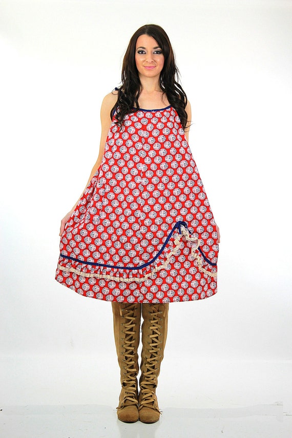 Vintage 70s tent dress Boho Hippie red white blue… - image 2