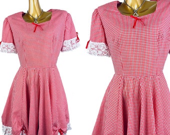 70s prairie dress cottagecore puff sleeve red white gingham print