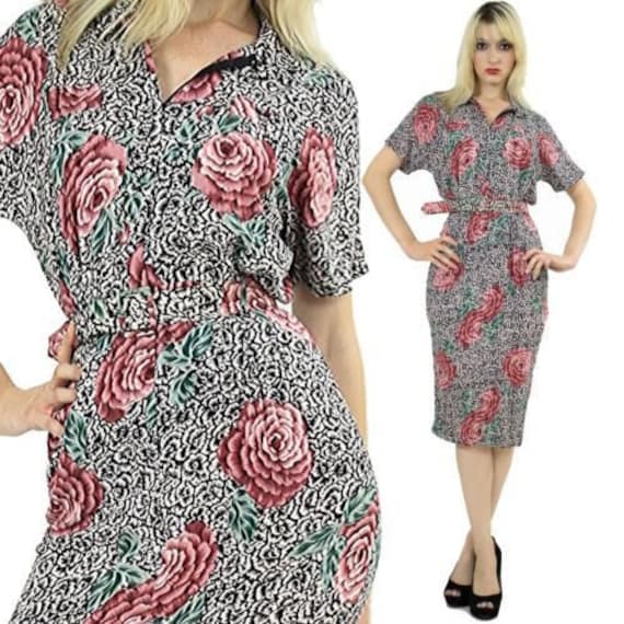 80s floral rose collar dress vintage secretary gl… - image 1