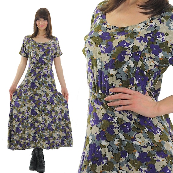 Vintage 90s Grunge Dress Floral Purple Cream Baby Doll Maxi Dress Scoop  Neck M Medium