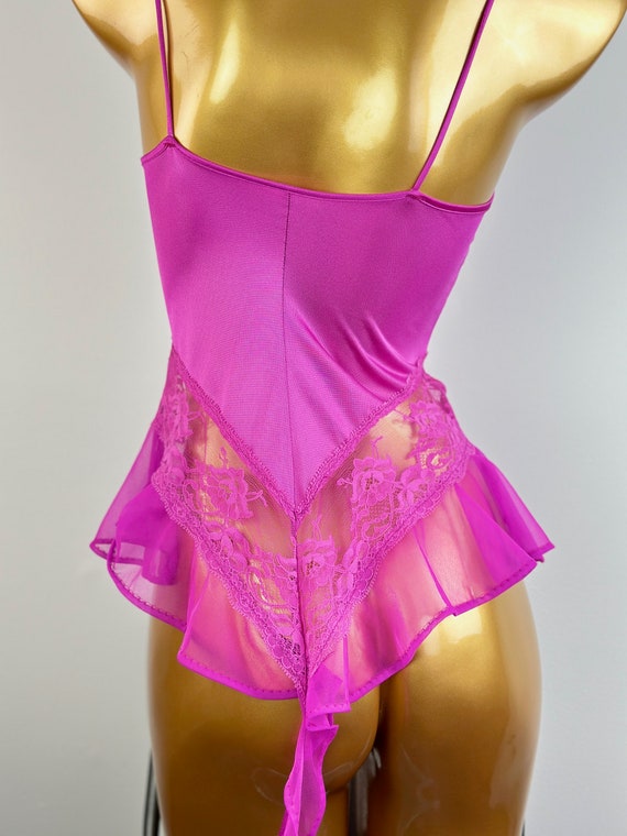 Vintage 80s teddy lingerie lacy Pink frilly sheer… - image 8