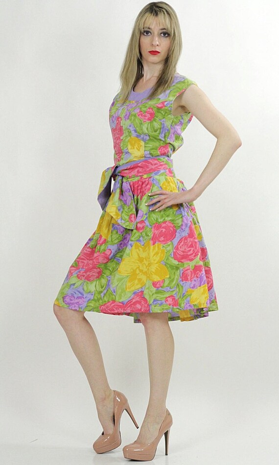 Vintage 80s neon floral cocktail party dress trop… - image 4