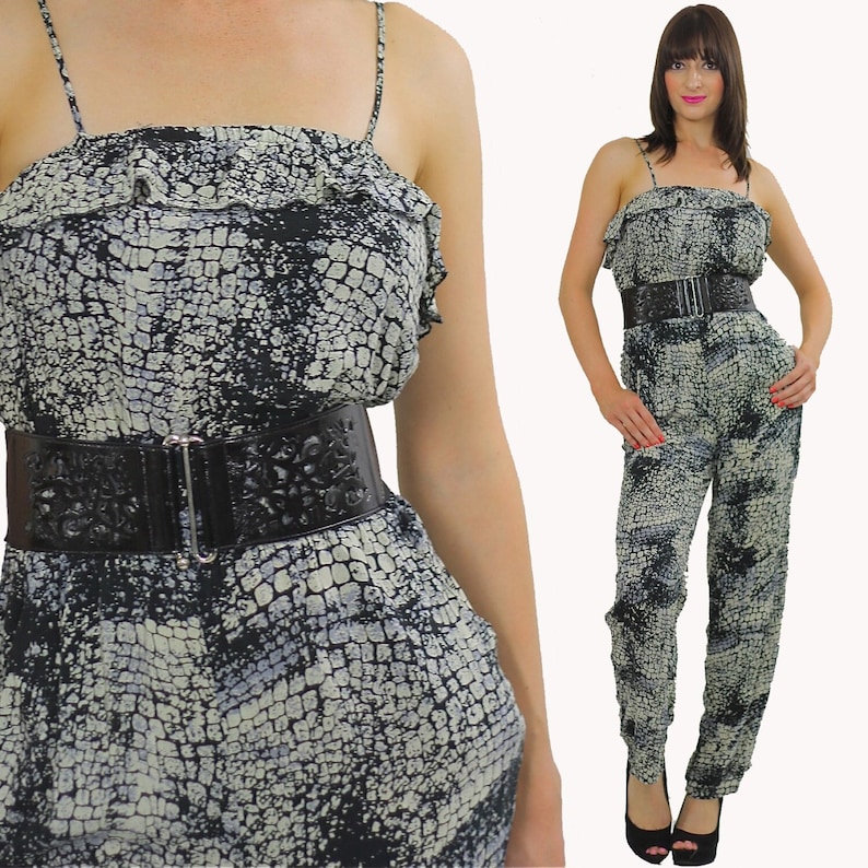 summer boho jumpsuit vintage 90s spaghetti strap snakeskin print image 1