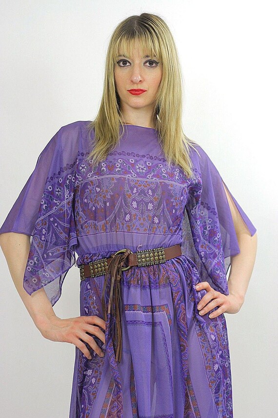Vintage 70s Boho hippie sheer purple angel sleeve dr… - Gem