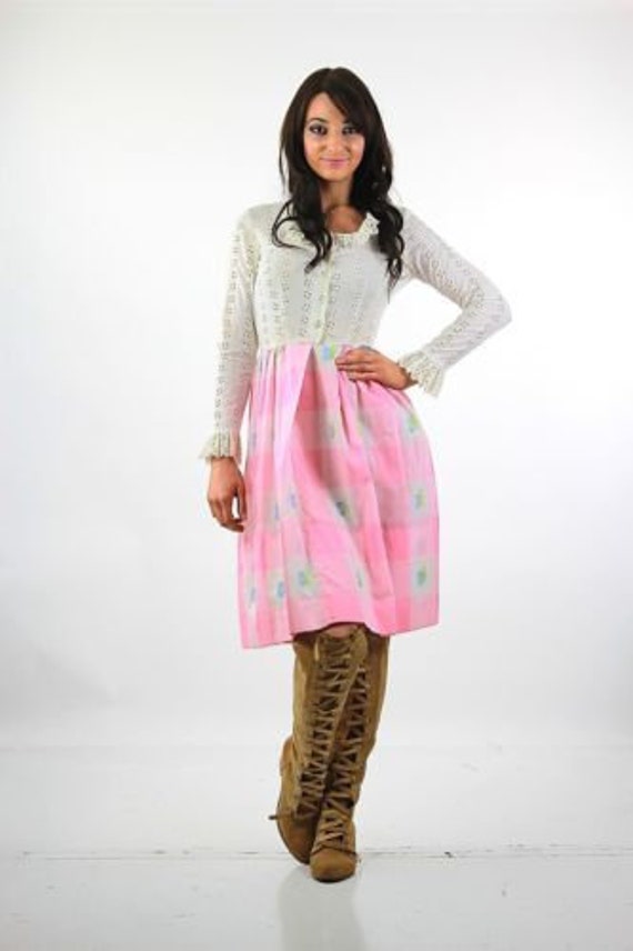 Boho dress cottagecore 60s 70s prairie pink white… - image 3