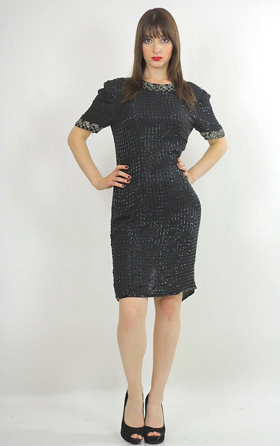 Black Sequin beaded mini dress Deco party - image 2