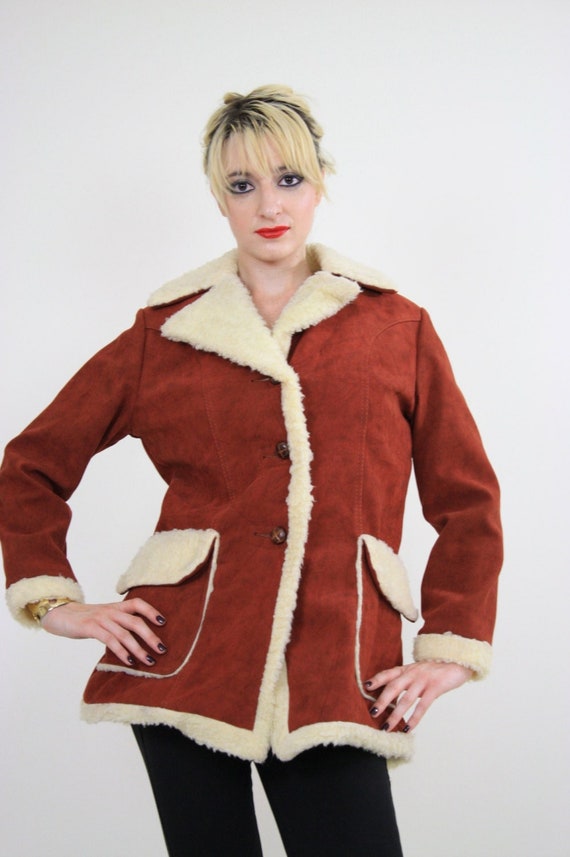 Boho jacket Vintage 1970s Brown Suede Faux  fur trimmed Hippie Medium
