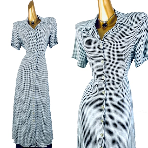 90s cottagecore dress casual buttondown blue ging… - image 1