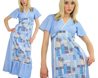 Boho apron dress patchwork vintage 70s maxi dress festival bohemian dress short sleeve blue ruffle dress S small