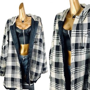 Vintage Herren Flanellhemd Schwarz Karierter Button Up Hoodie 90er Jahre Grunge Size 3X