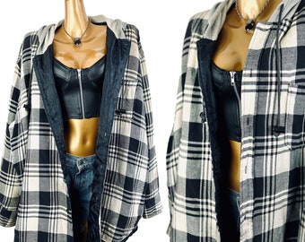 Vintage Mens flannel shirt Black plaid button up hoodie 90s Grunge size 3X