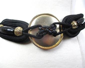 90s Black braided waist belt gold metallic corset belt M