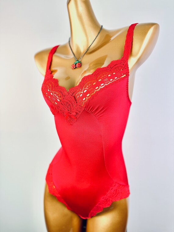 Vintage olga lingerie Teddy Bodysuit Red Size Sma… - image 9