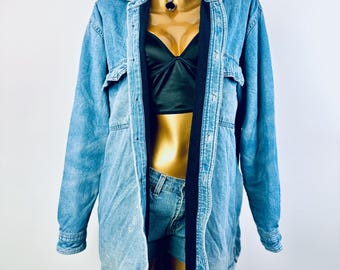 90s jean jacket denim oversized blue button down shirt