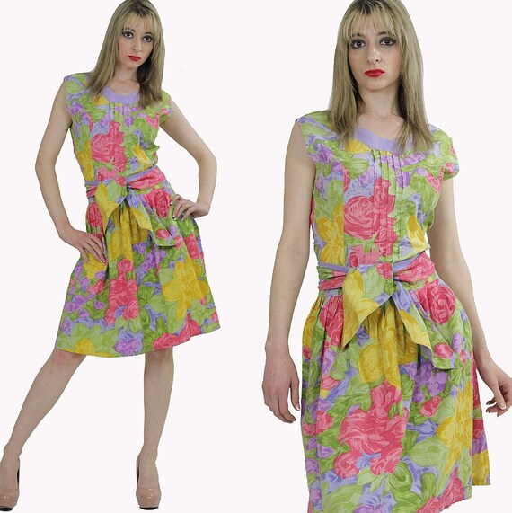 Vintage 80s neon floral cocktail party dress trop… - image 1