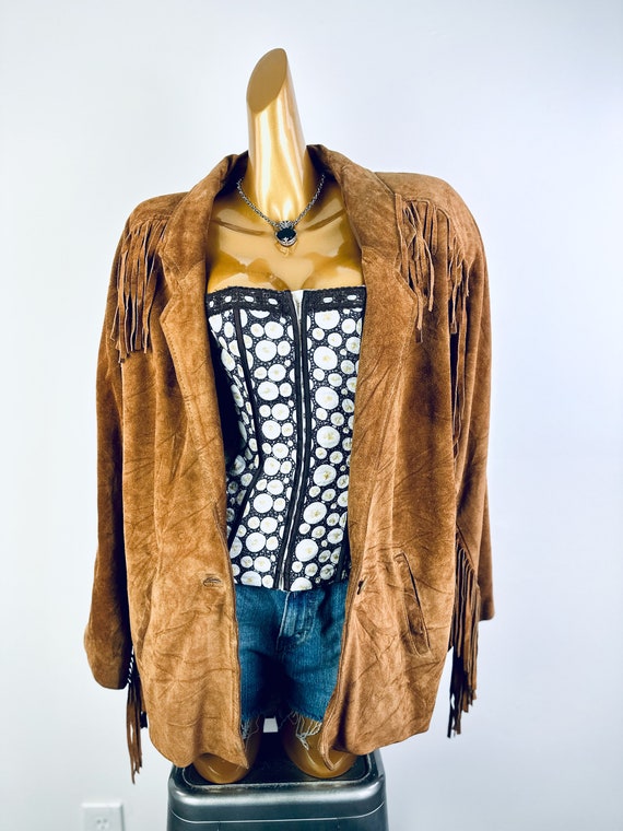 Vintage fringe leather jacket mens women brown su… - image 9