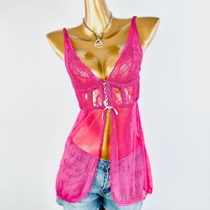 Vintage y2k grunge wróżka babydoll bielizna top różowa koronka koszulka na ramiączkach przezroczysta koszulka rozmiar mały zdjęcie 4