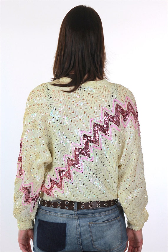 80s Sweater Vintage Sequin Pink white Glitter Gla… - image 4