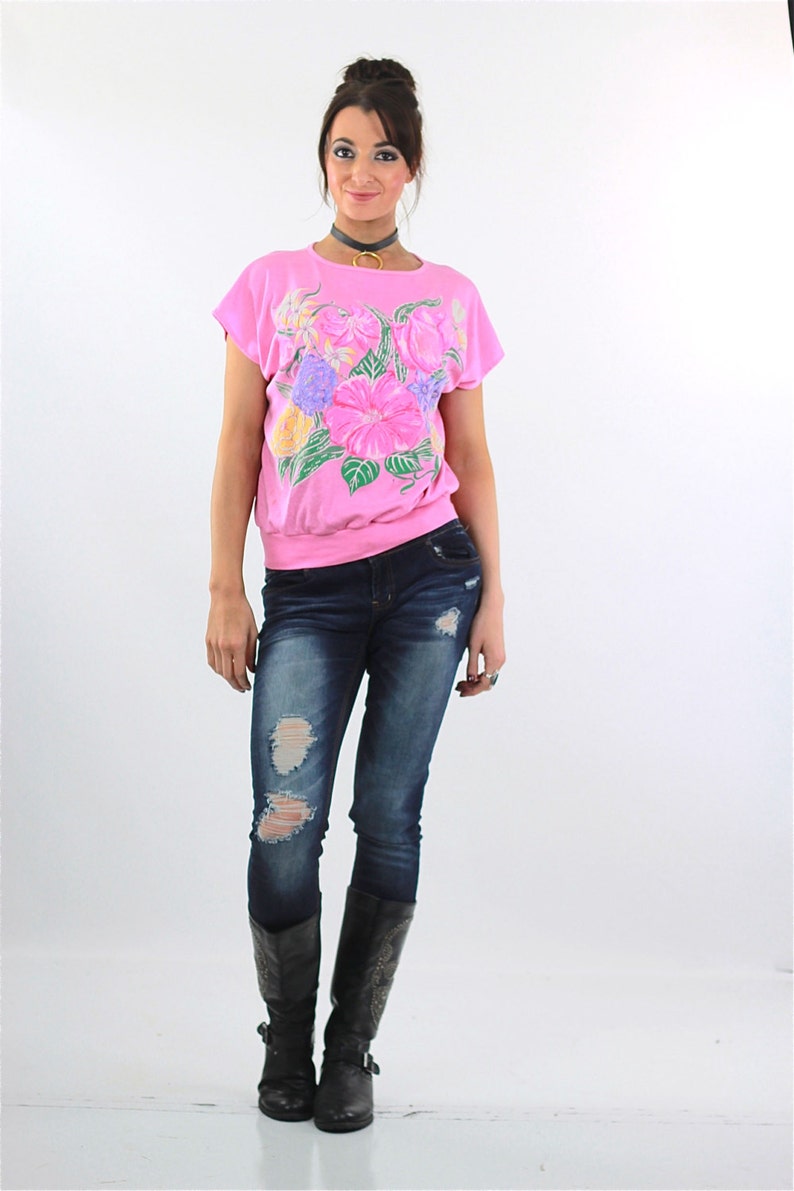 Camiseta floral Camiseta grunge floral Camiseta rosa holgada de manga corta Camiseta vintage retro de los años 80 Talla grande imagen 5