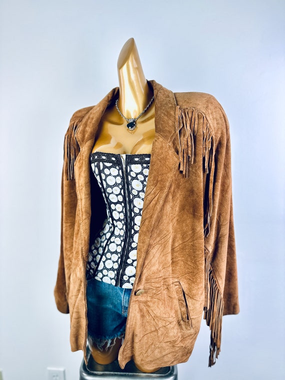 Vintage fringe leather jacket mens women brown su… - image 3